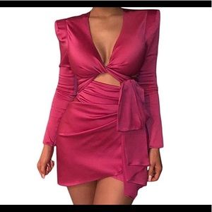 Hot long sleeve pink mini satin dress